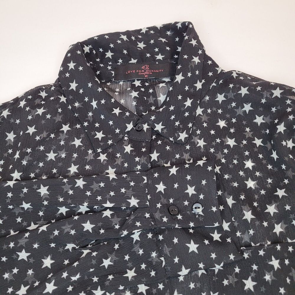 Love For Humanity Couture Blouse Womens Medium Black Star Print Excellent Sheer
